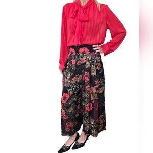 Hunters Run Floral Wide Leg Pants Black Boho Culotte Cropped Size M